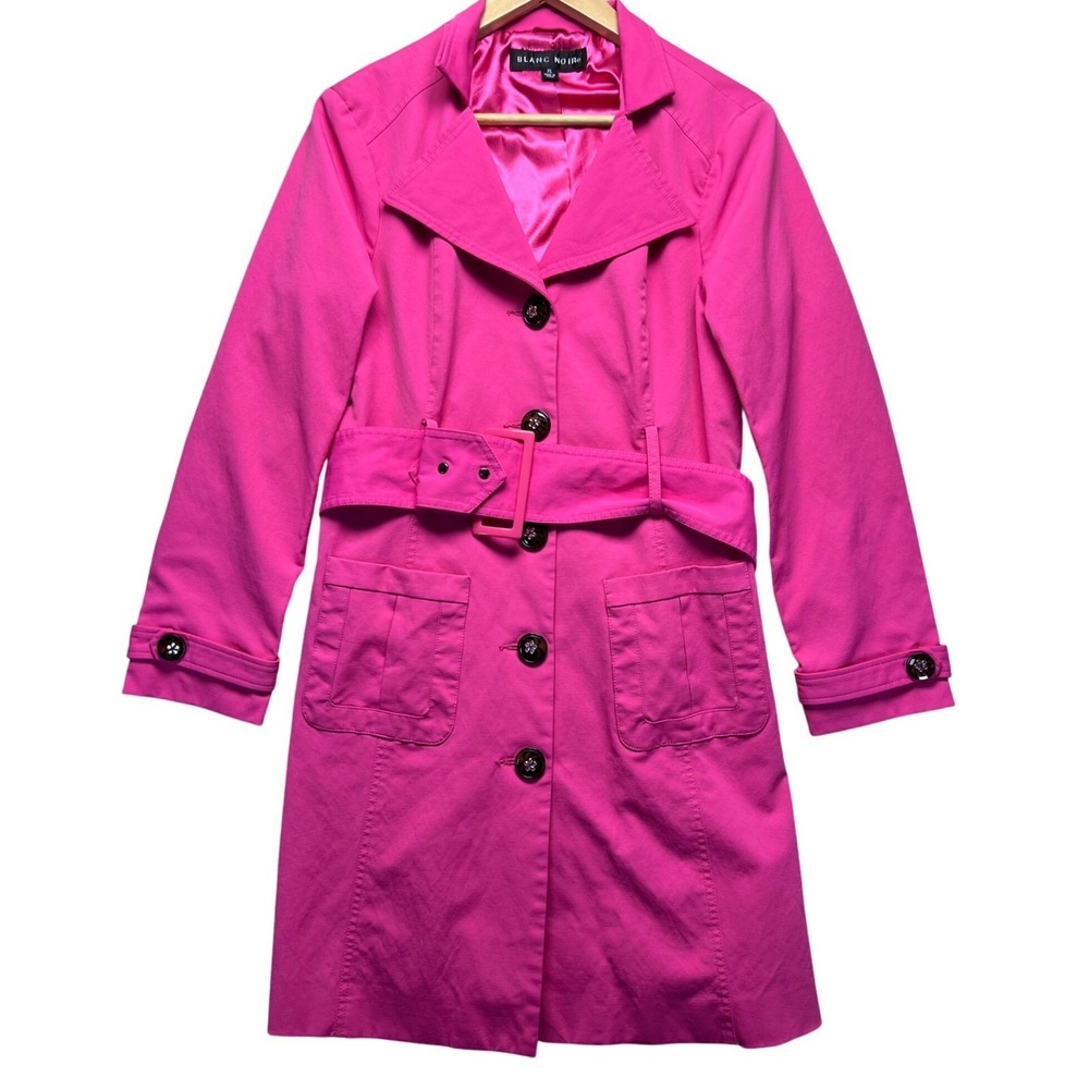 RETRO Y2K Blanc Noir Trench Coat‎ Womens Large Pink Belted Button Glam